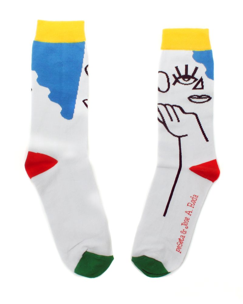 calcetines José Antonio Roda - peSeta, 
diseño colorido verde, amarillo y rojo. Estampado ilustración Limited edition Spanish fashion, Carteras ecológicas originales