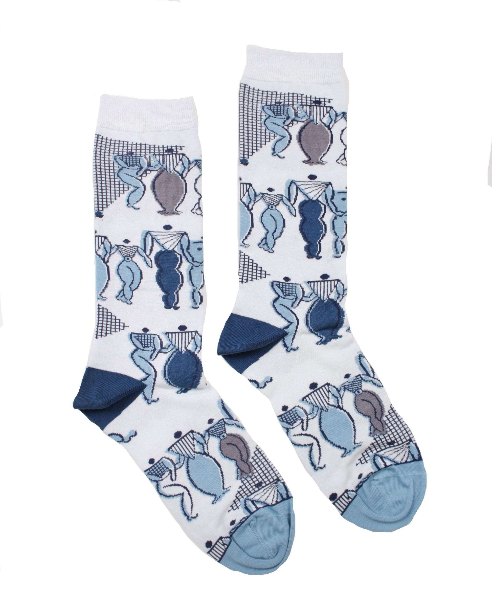 calcetines Mujeres - peSeta, color azul y celeste en fondo blanco, estampado diseño dibujos mujeres precioso, moda española, moda femenina