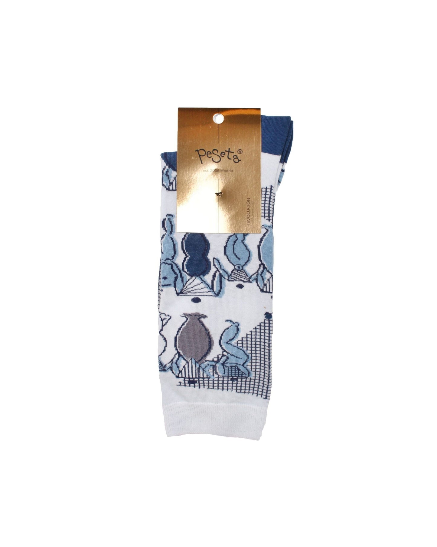 calcetines Mujeres - peSeta, color azul y celeste en fondo blanco, estampado diseño dibujos mujeres precioso, moda española, moda femenina