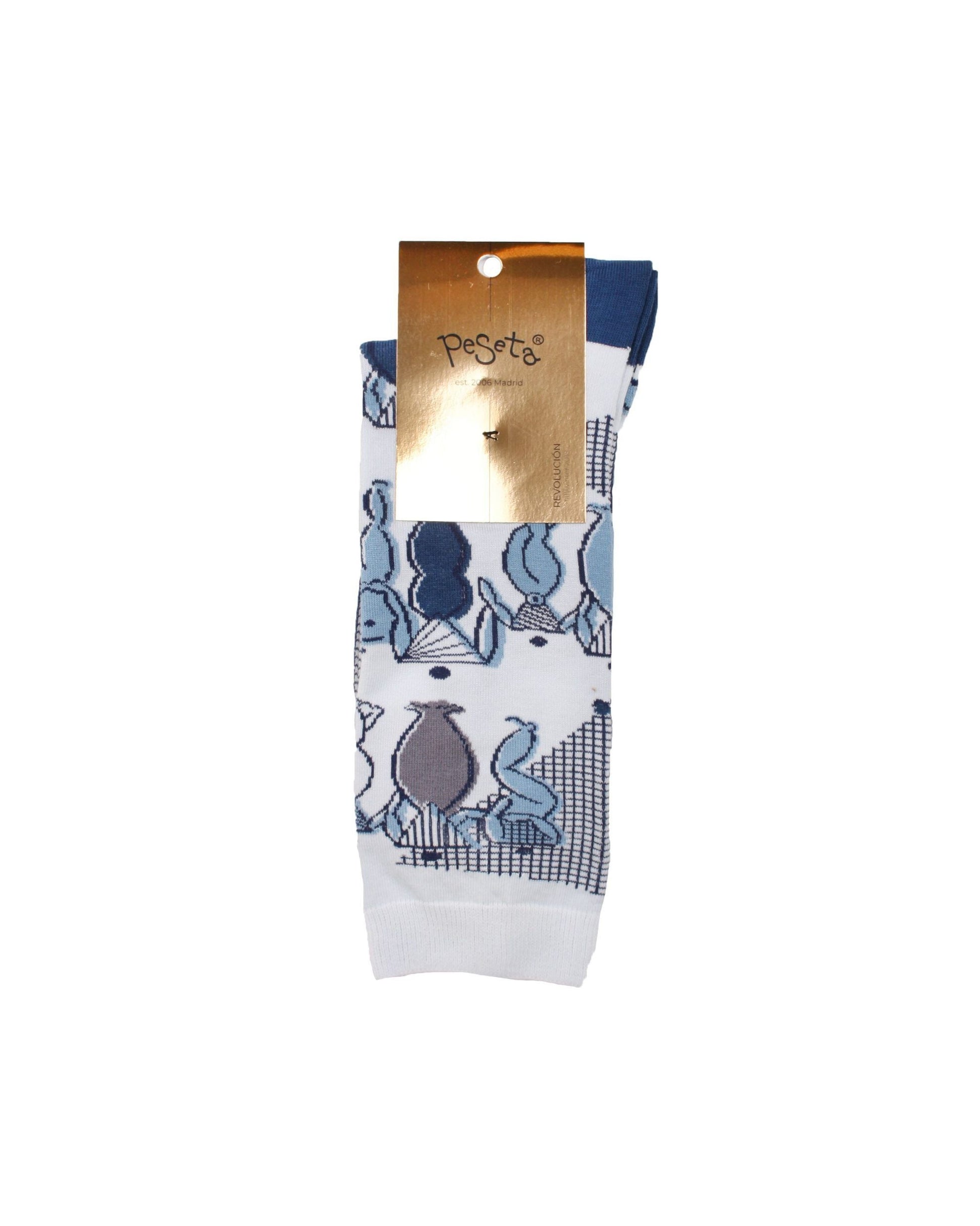 calcetines Mujeres - peSeta, color azul y celeste en fondo blanco, estampado diseño dibujos mujeres precioso, moda española, moda femenina