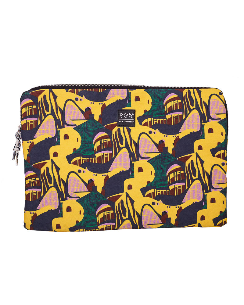 Funda de laptop 13" con estampado original hecha de tejidos de botellas recicladas, estampado Terremoto, diseño original colorido en tonos color tierra resaltando el amarillo,  moda sostenible