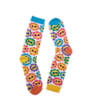 CALCETINESEMODIAZ, diseños divertidos de muchos colores, estampado colorido de flores con carita, moda original, estampados originales tallas reales, ropa favorecedora, Estilo sostenible Madrid.