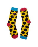 CALCETINESNANO4814, color amarillo con lunares negro, detalles celeste y rojo, moda sostenible, hecho en España, producción local