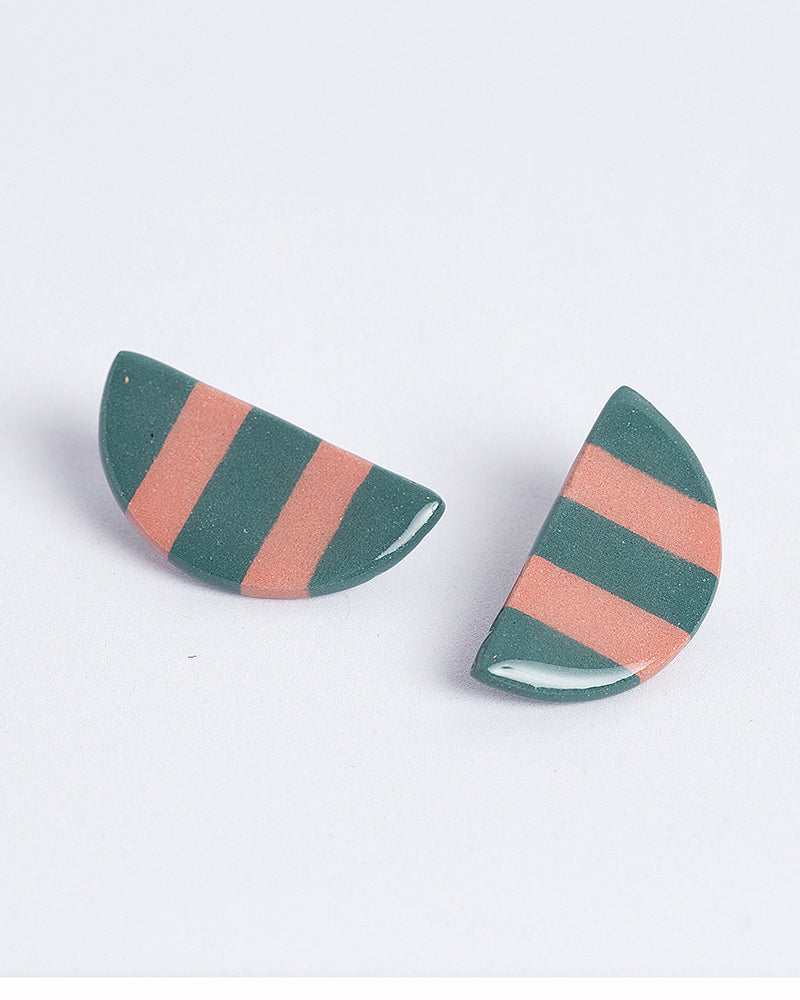 Pink Green Striped Crescent Earrings