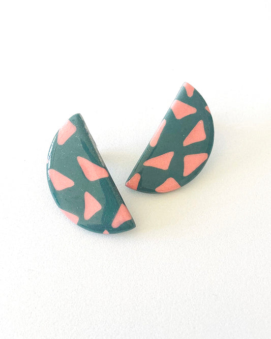 Pink Green Terrazzo Crescent Earrings
