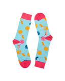 Calcetines celestes Duduá - peSeta, diseños divertidos celeste y rosa, estampado colorido ovillos de lana, moda original, estampados originales tallas reales, ropa favorecedora, Estilo sostenible Madrid.