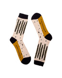 Calcetines Marta Botas - peSeta, color beige, amarillo y azul oscuro, estampado rayas y triangulos grises. tiendas en Madrid, series limitadas