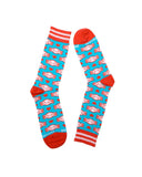 Calcetines Olaya "Axolotes" Pedrayes - peSeta, detalles en rojo con rayas blancas, estampado de axolotes, corazones con fondo celeste, producción local, moda responsable