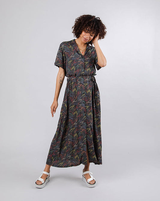 Vestido largo estampado mujer casual de moda fluido multicolor de viscosa sostenible colección cápsula Brava Fabrics x peSeta