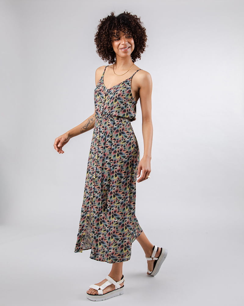 Vestido mujer largo cinturón de tirantes escote en v, moda verano multicolor colección cápsula Brava Fabrics x peSeta