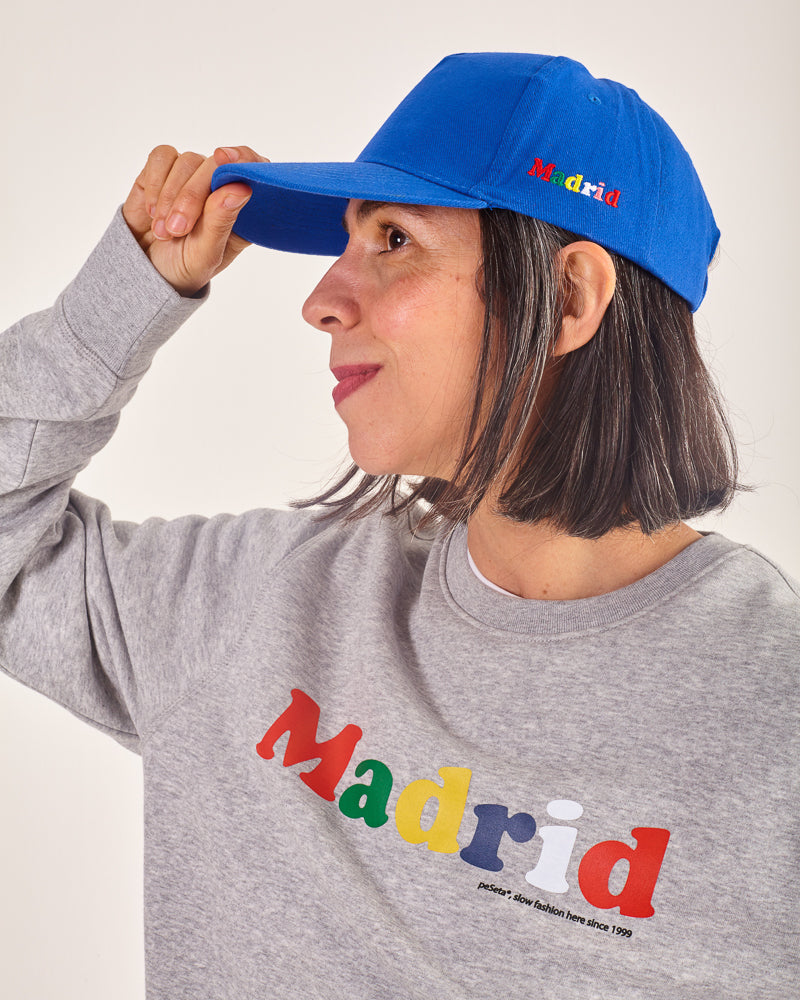 Gorra Madrid beisbolera regulable, estampado en letras colorida, color azul, moda española, moda lentita