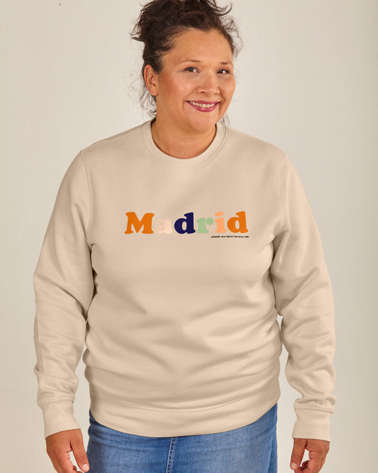 SUDADERA MADRID beige, estampado Madrid con letras coloridas, marca unisex, regalos, auto regalos